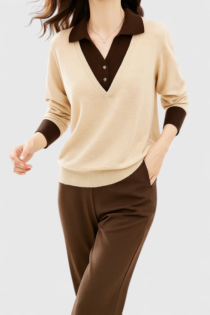 Polo Collar V-Neck Contrast Trim Long Sleeve Knit Sweater 21