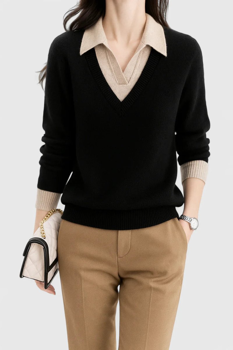 Polo Collar V-Neck Contrast Trim Long Sleeve Knit Sweater 22