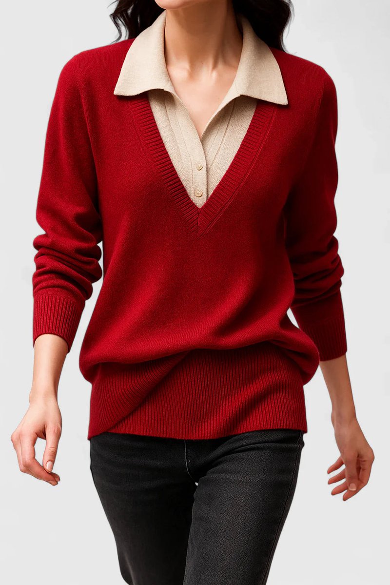 Polo Collar V-Neck Contrast Trim Long Sleeve Knit Sweater 5