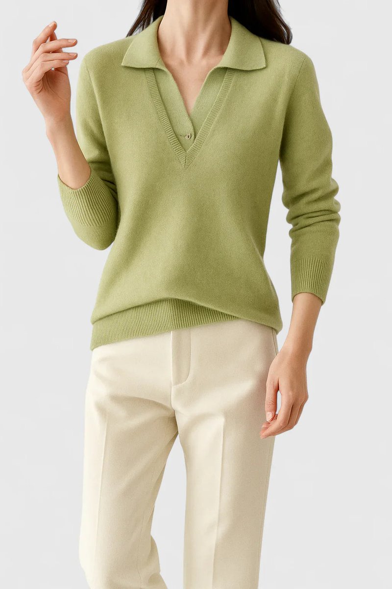 Polo Collar V-Neck Contrast Trim Long Sleeve Knit Sweater 6