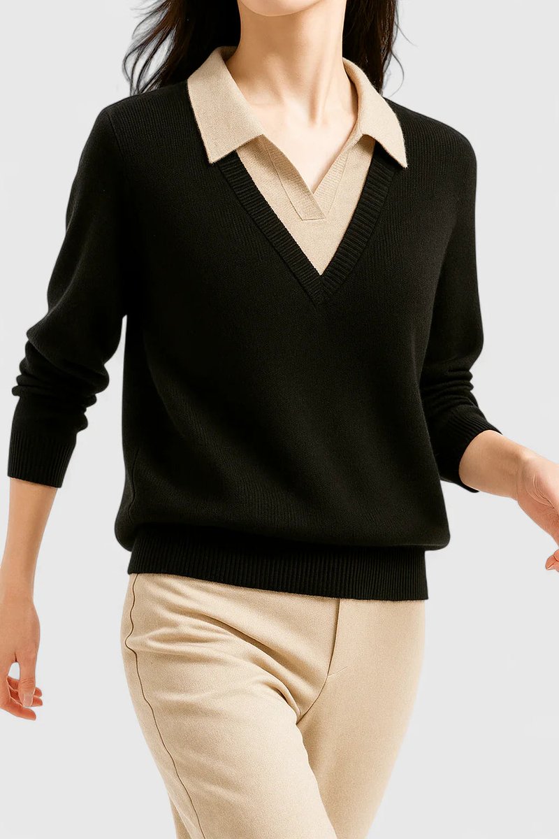 Polo Collar V-Neck Contrast Trim Long Sleeve Knit Sweater 7
