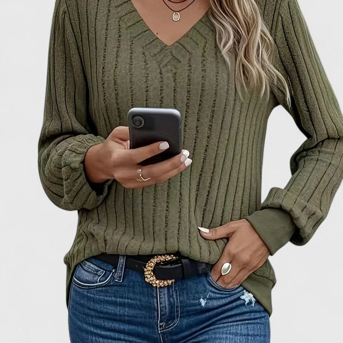 V-Neck Long Sleeve Ribbed Knit Sweater