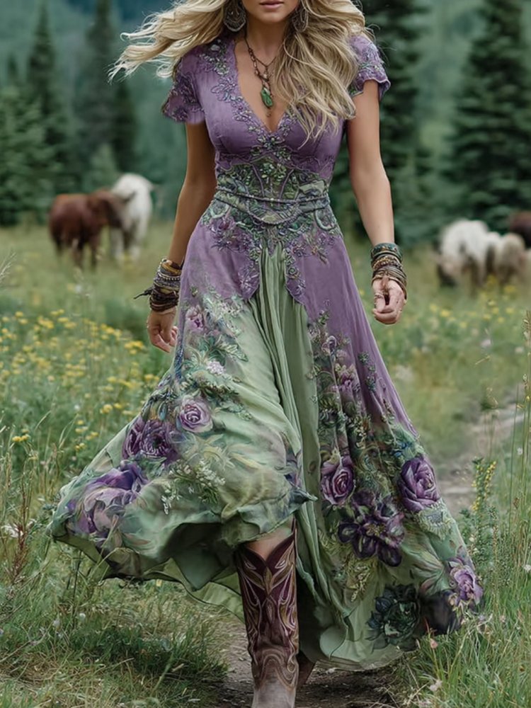 Floral Print V-Neck Short Sleeve Maxi Dress 2