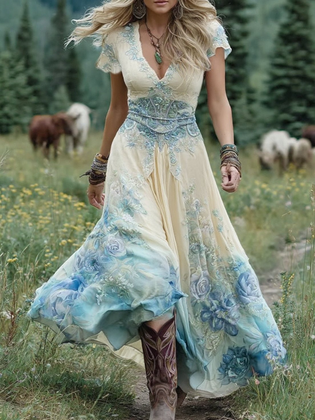 Floral Print V-Neck Short Sleeve Maxi Dress 3