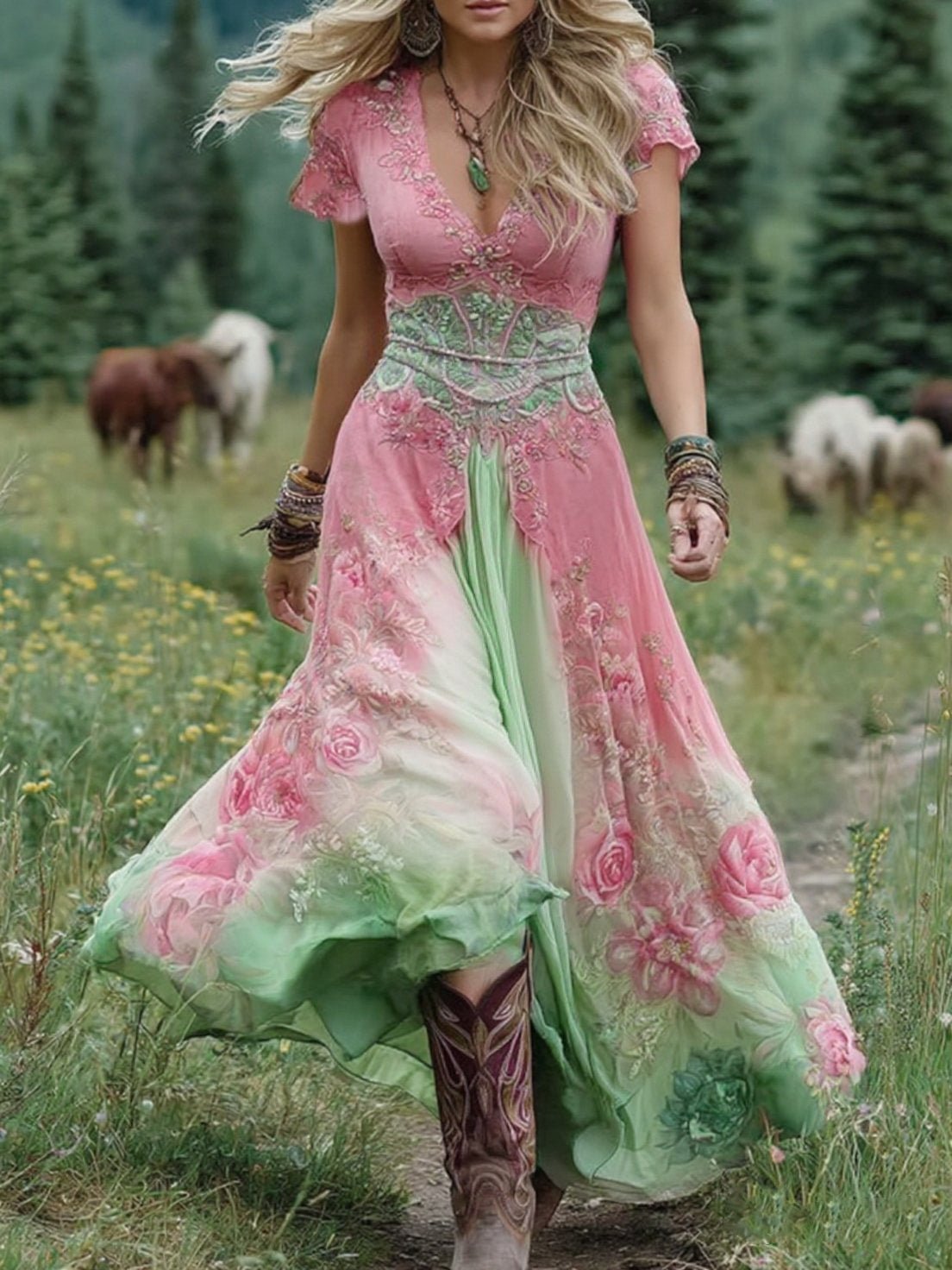 Floral Print V-Neck Short Sleeve Maxi Dress 5