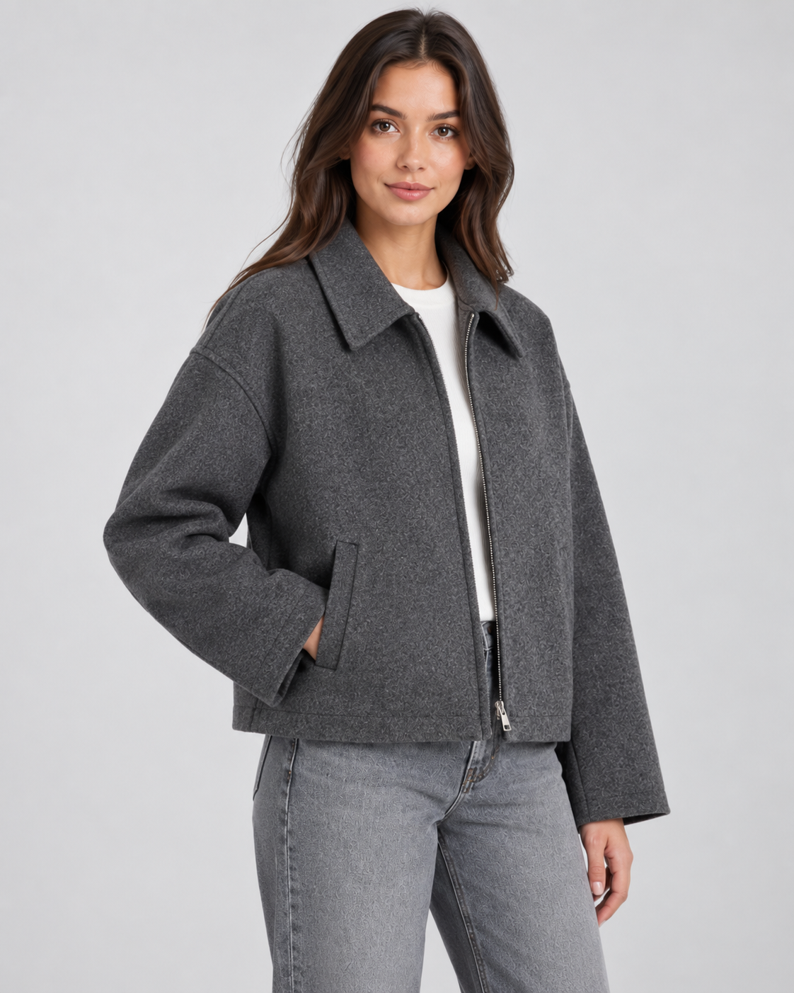 Wool Look Point Collar Zip Front Cropped Jacket 4