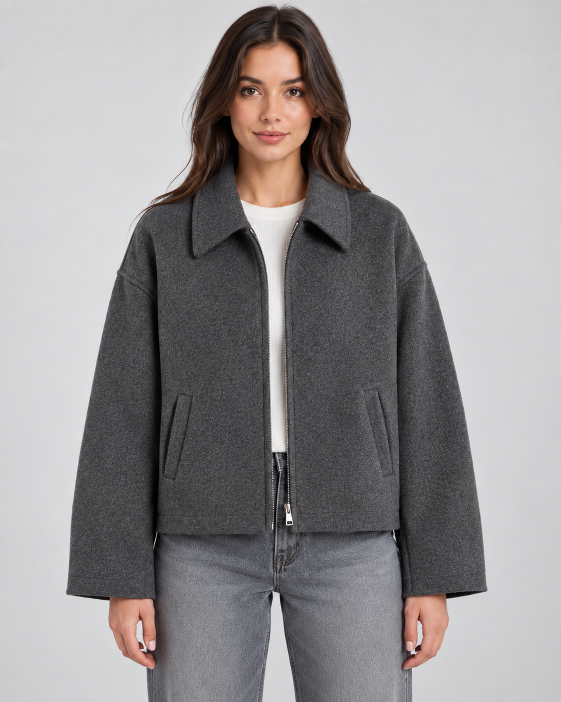 Wool Look Point Collar Zip Front Cropped Jacket 7