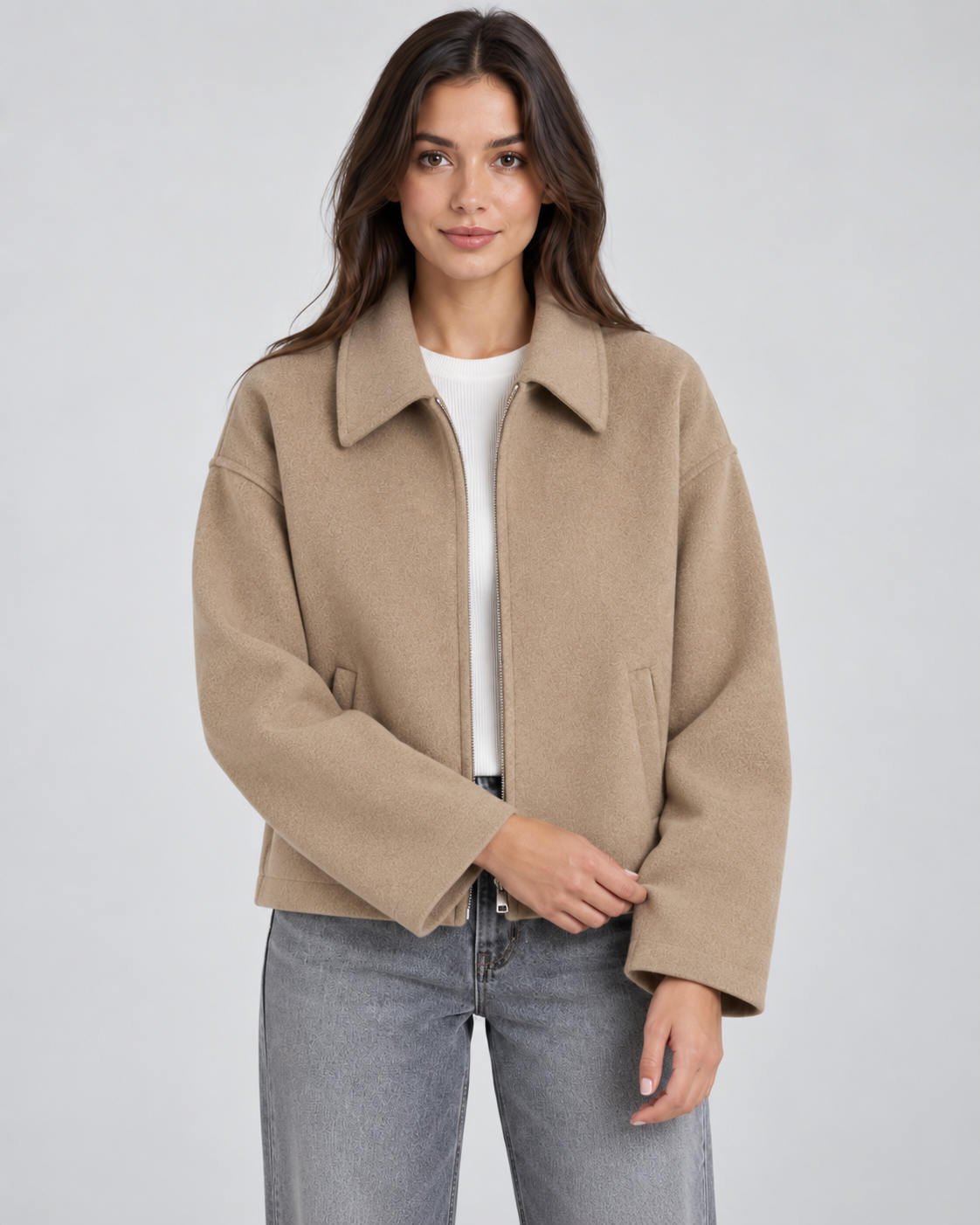 Wool Look Point Collar Zip Front Cropped Jacket 8