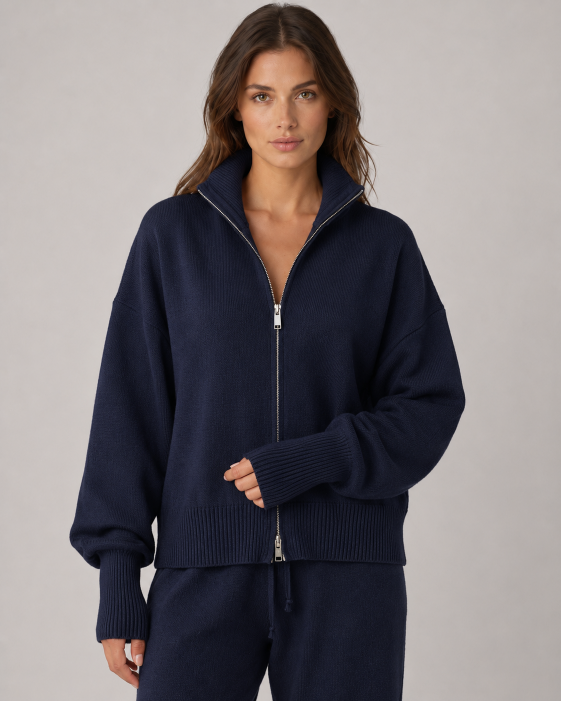 Funnel Neck Double Zip Oversized Knit Cardigan 7