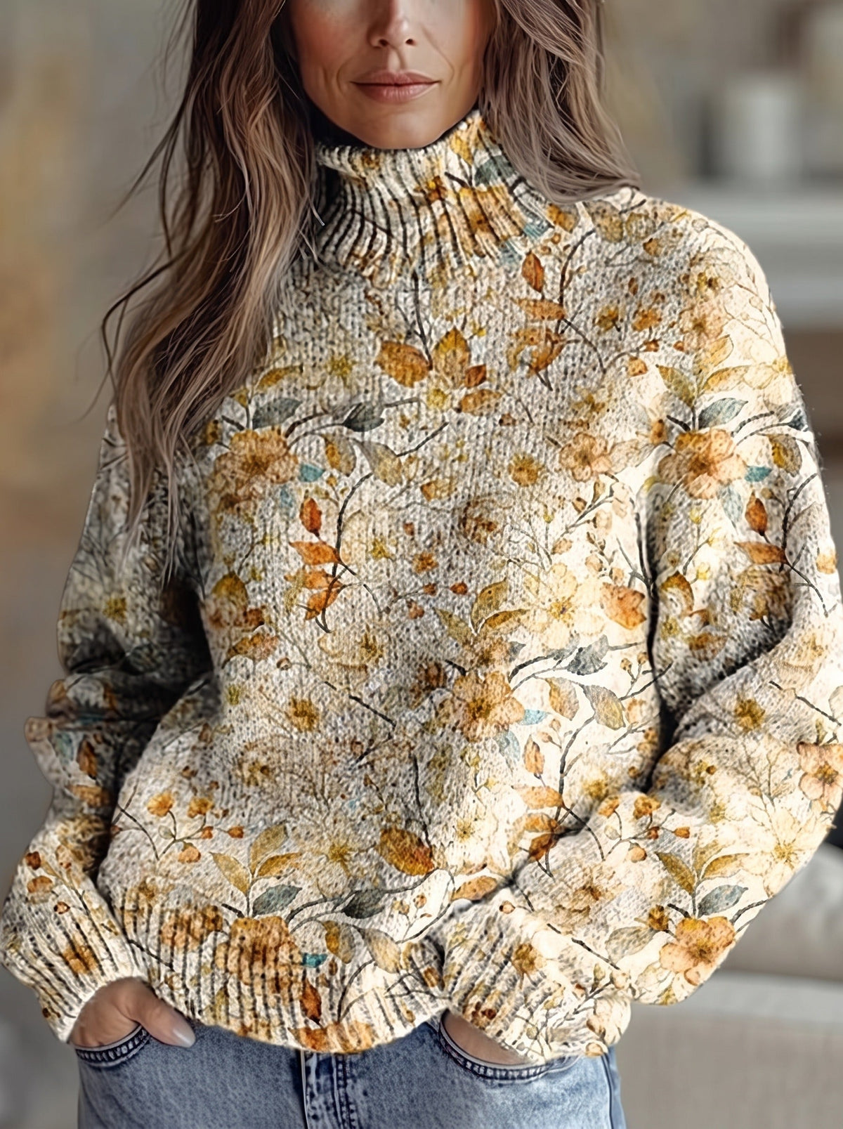 Floral Print Turtleneck Long Sleeve Sweater