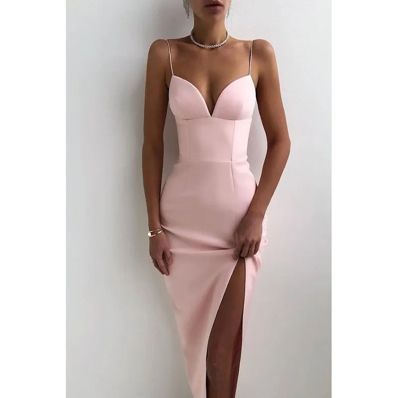 Spaghetti Strap Sweetheart Corset High Split Bodycon Midi Dress - View 2