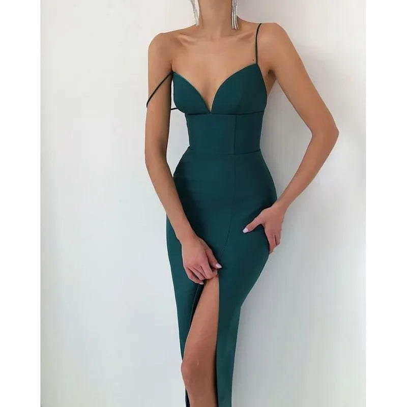 Spaghetti Strap Sweetheart Corset High Split Bodycon Midi Dress