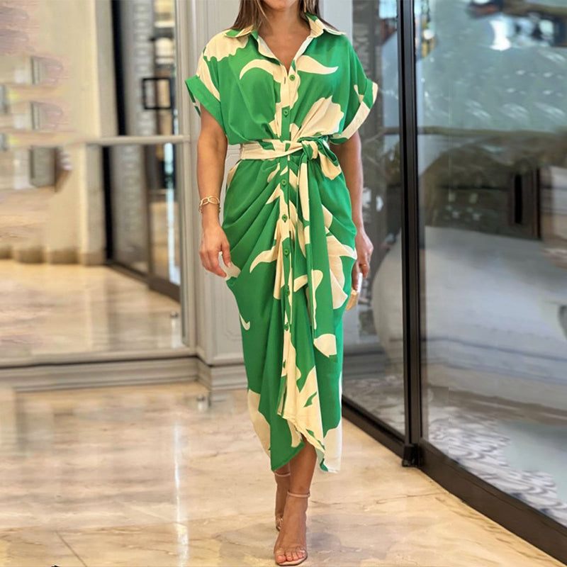 Abstract Print Collar Button Front Tie Waist Maxi Shirt Dress