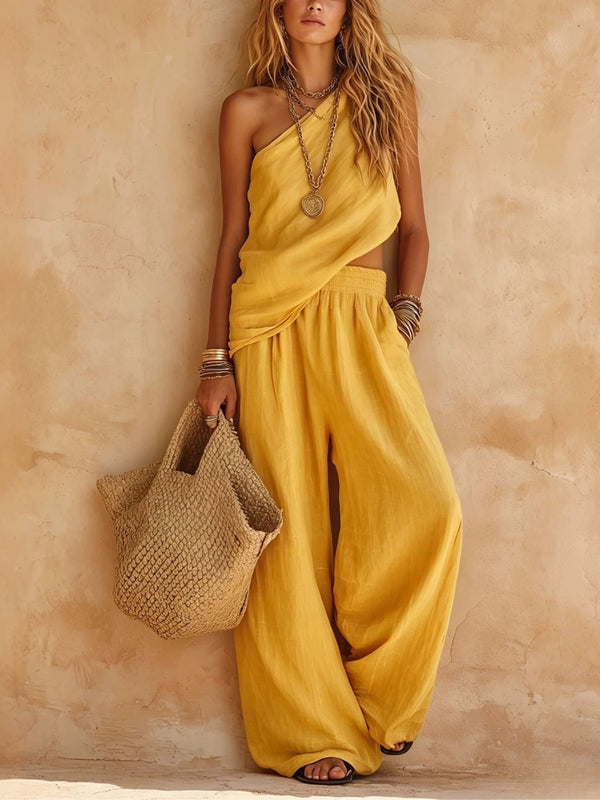 One Shoulder Cut Out Top and Wide Leg Pants Two Piece Set 7