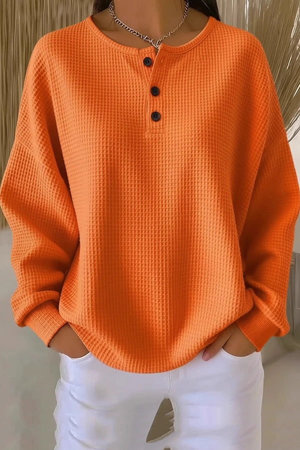 Waffle Knit Button Placket Drop Shoulder Sweater 2