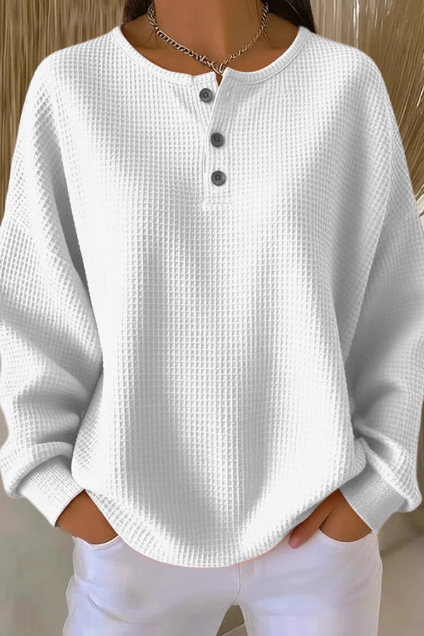 Waffle Knit Button Placket Drop Shoulder Sweater 3