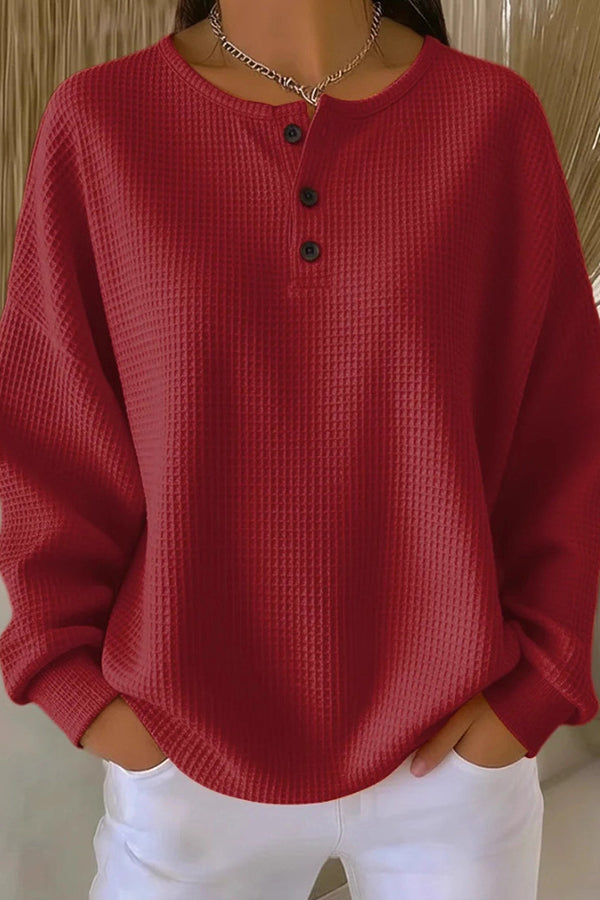 Waffle Knit Button Placket Drop Shoulder Sweater 4