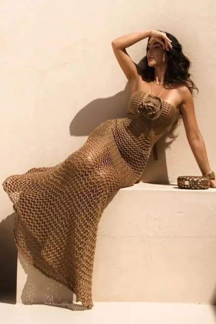 Crochet Floral Applique One Shoulder Cut Out Maxi Dress - View 2