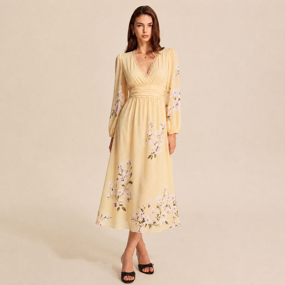 Floral V-Neck Long Sleeve Pleated Chiffon Maxi Dress 19