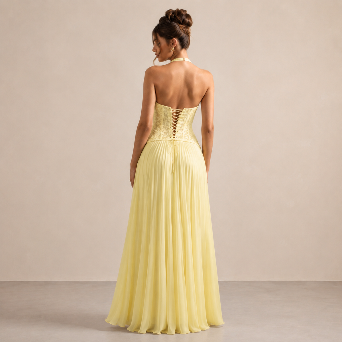 Halter Neck Lace Corset Pleated Chiffon Maxi Dress 9