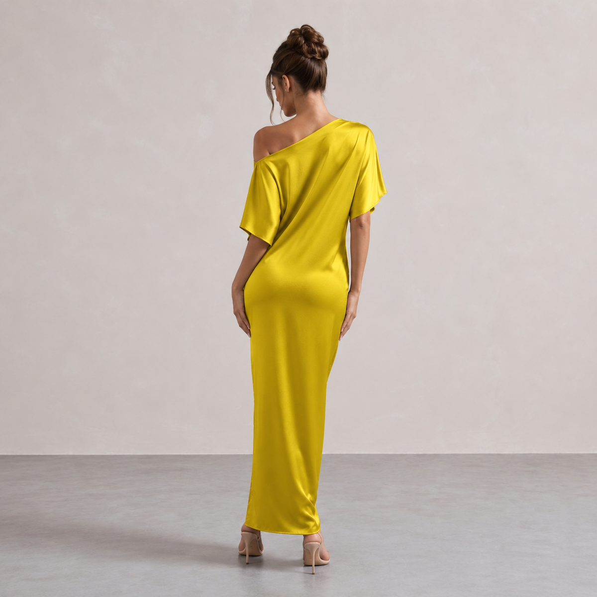 One Shoulder Batwing Sleeve Satin Side Split Maxi Dress 15