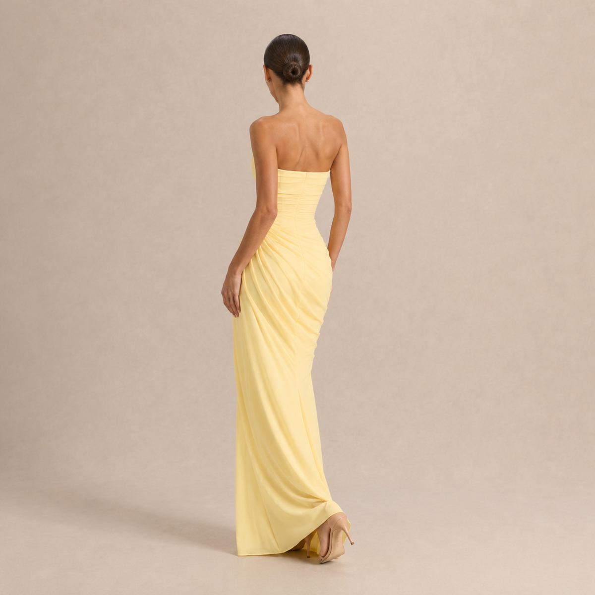 Strapless Ruched Draped High Split Maxi Gown 9