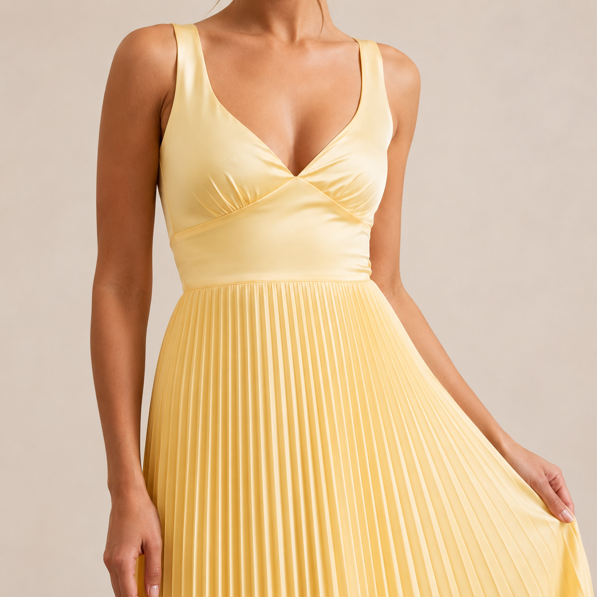 V-Neck Sleeveless Pleated Satin Maxi Dress 2