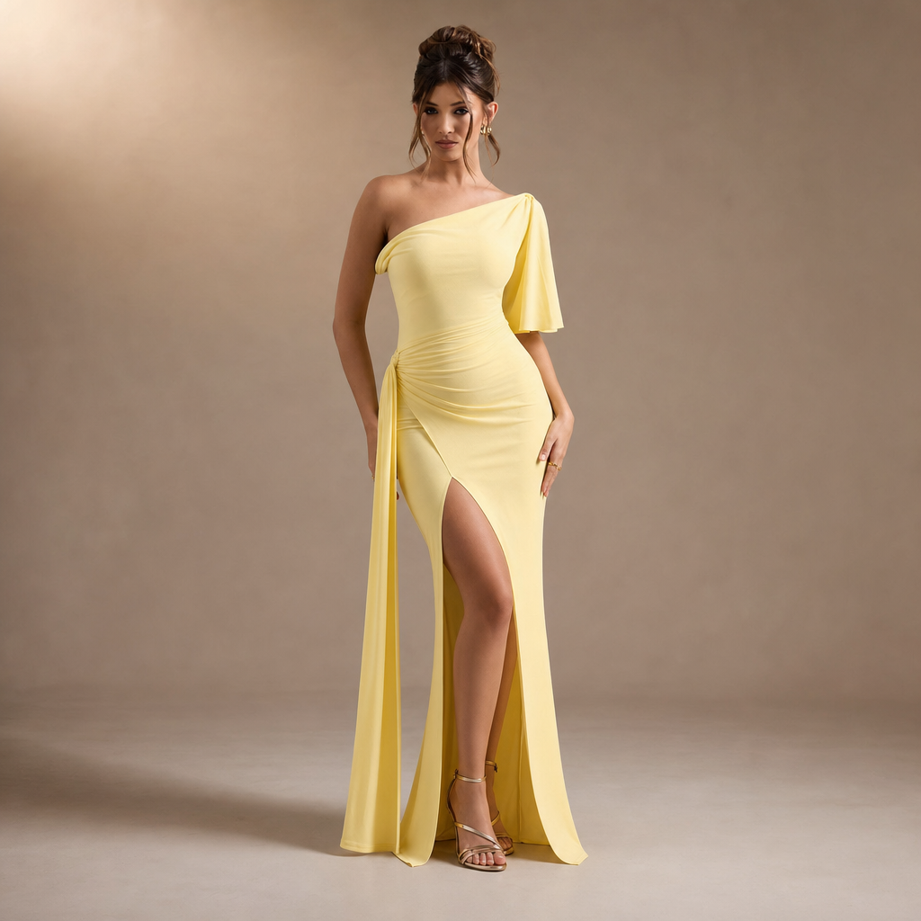 One Shoulder Draped Ruched High Split Maxi Gown