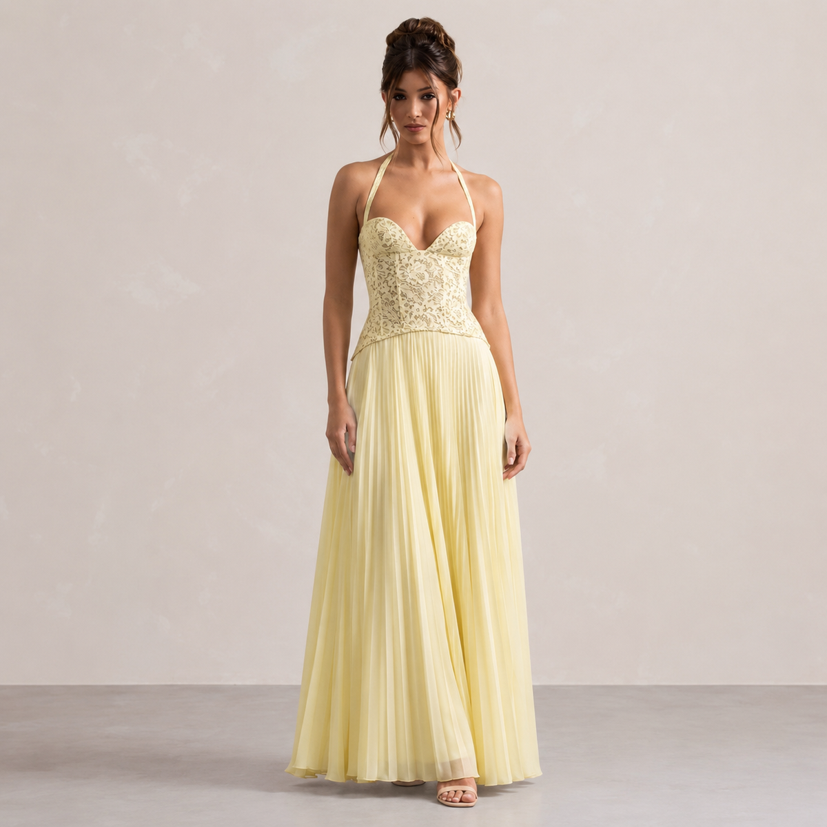 Halter Neck Lace Corset Pleated Chiffon Maxi Dress 7