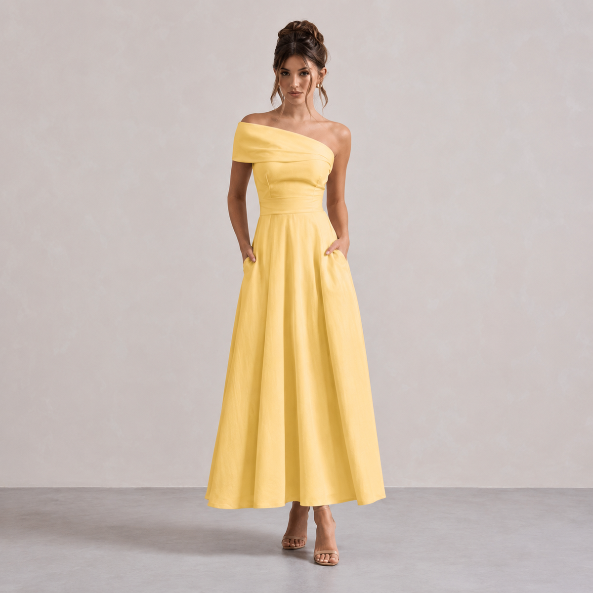 One Shoulder Pleated Waist Fit and Flare Maxi Dress