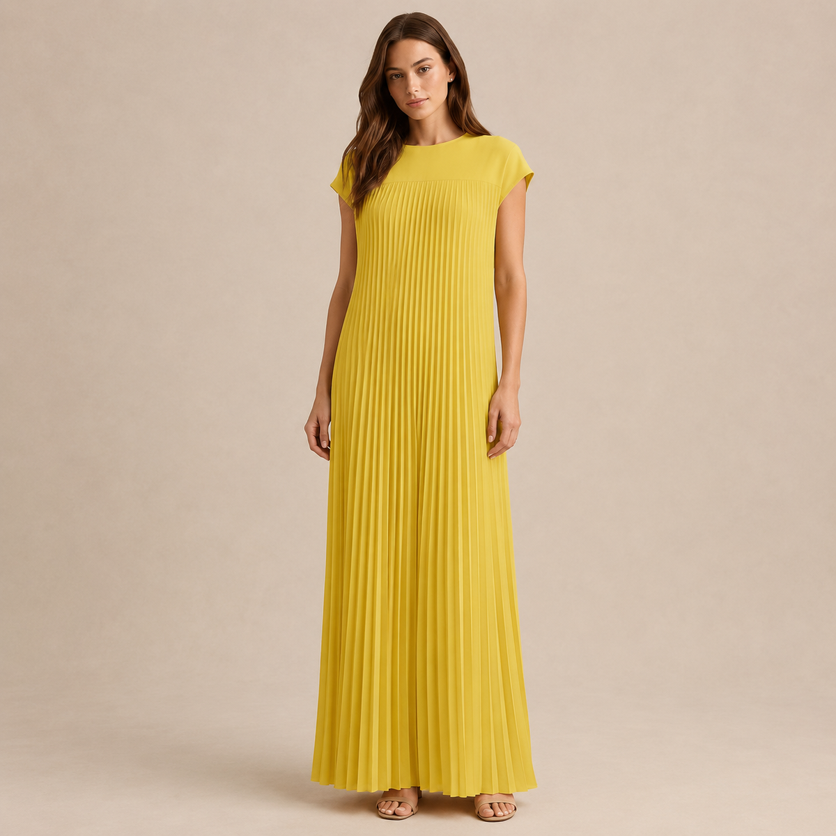 Crew Neck Cap Sleeve Pleated A-Line Maxi Dress 10