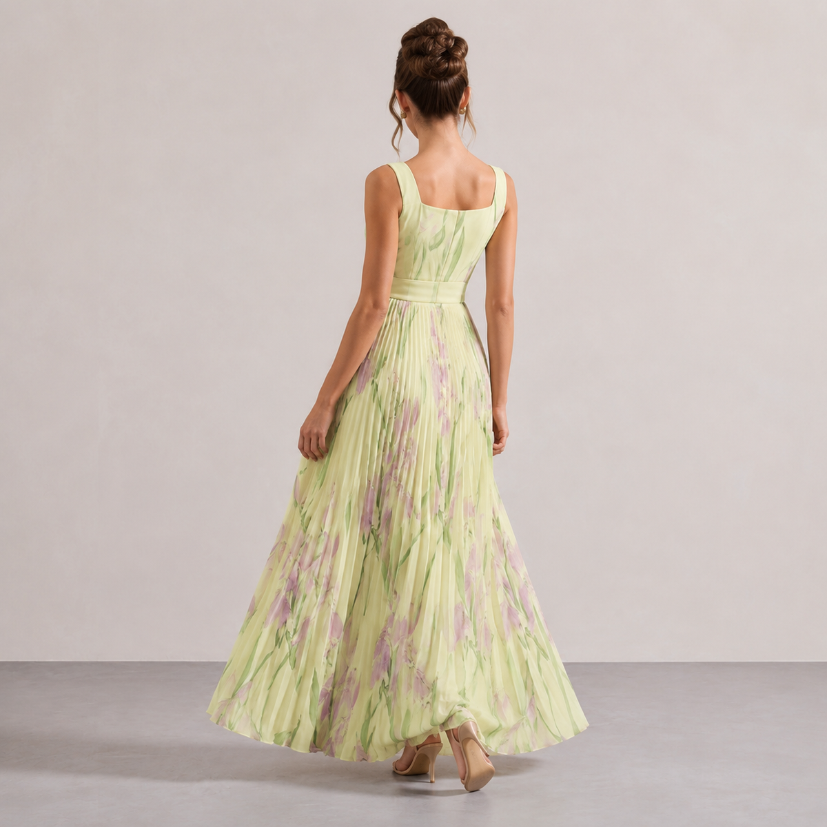 Square Neck Belted Floral Pleated Maxi Dress 12