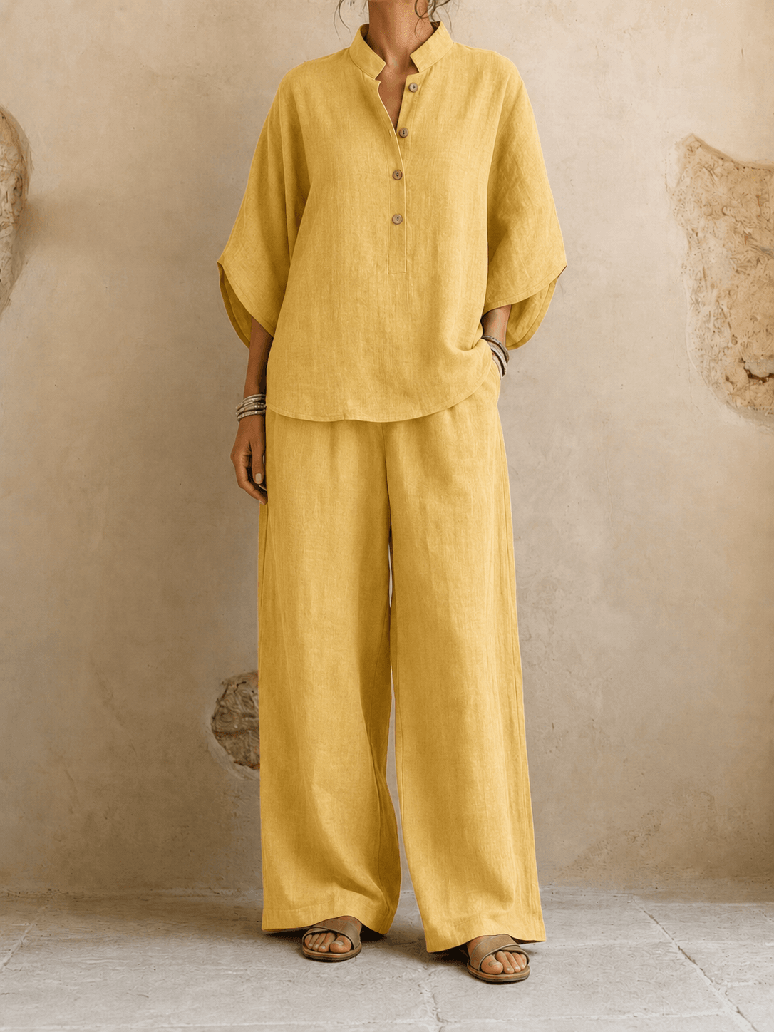 Stand Collar Three Quarter Sleeve Button Top and Wide Leg Pants Two Piece Set 9