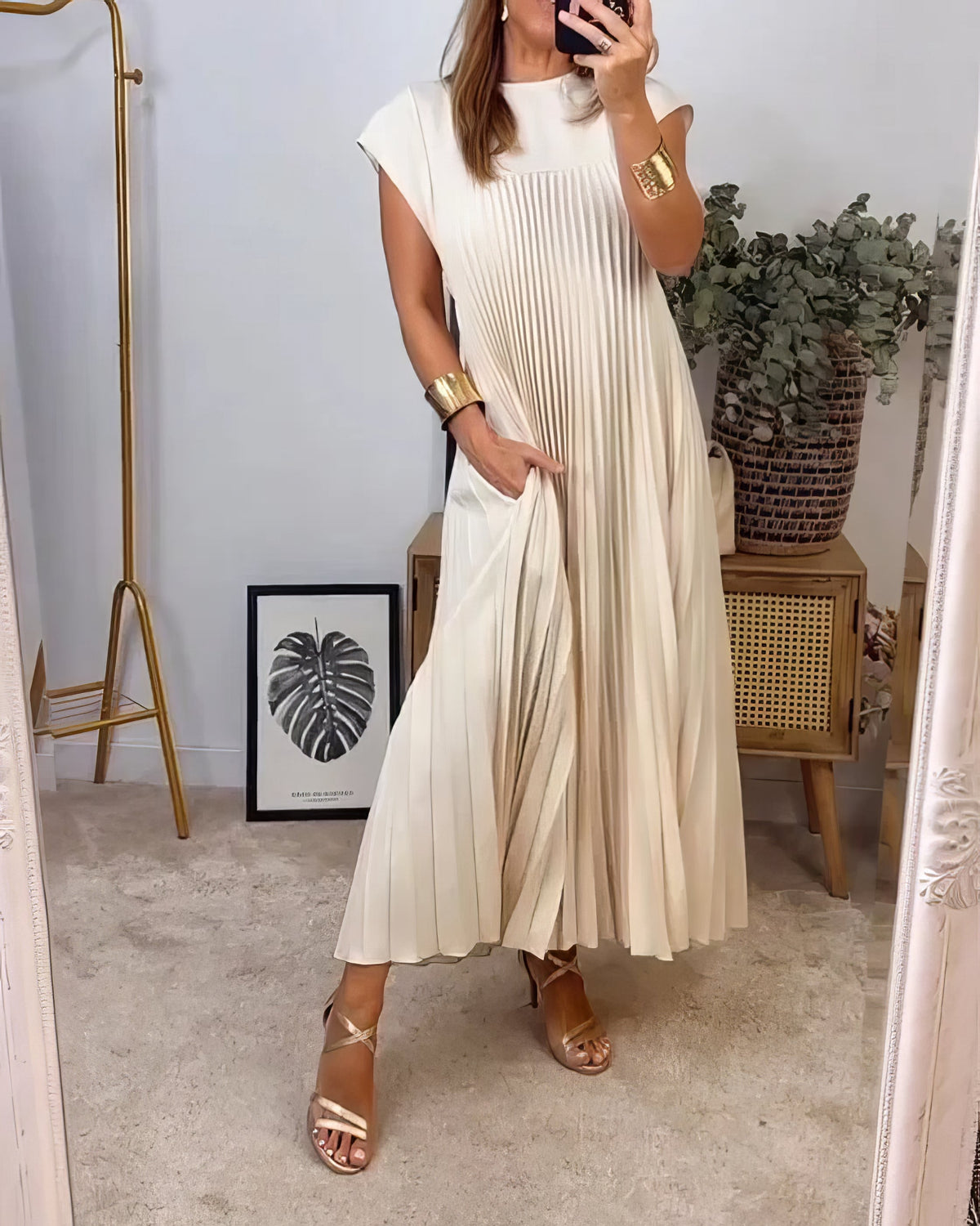 Pleated Round Neck Cap Sleeve Pocket Maxi Dress 13