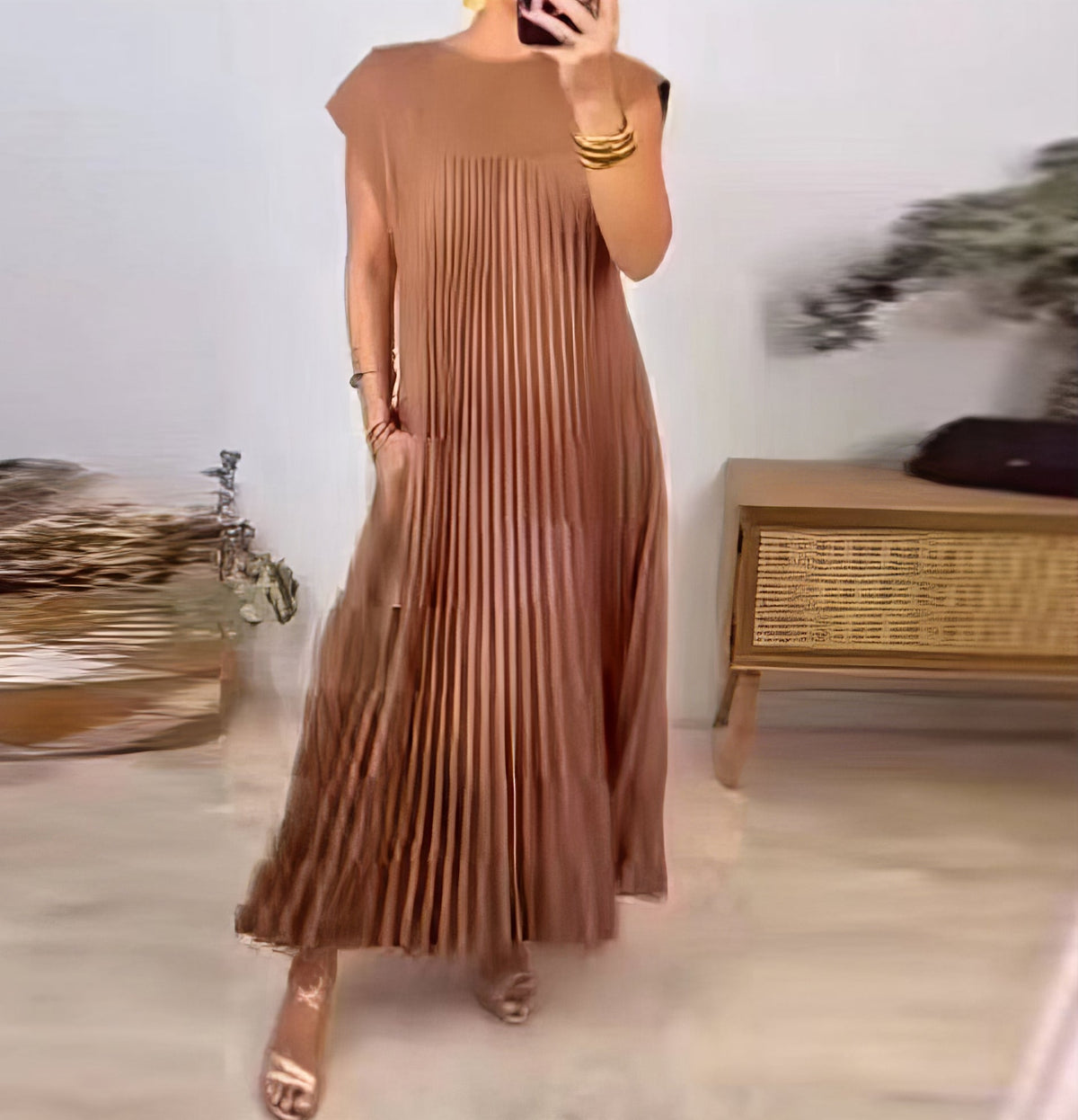 Pleated Round Neck Cap Sleeve Pocket Maxi Dress 16