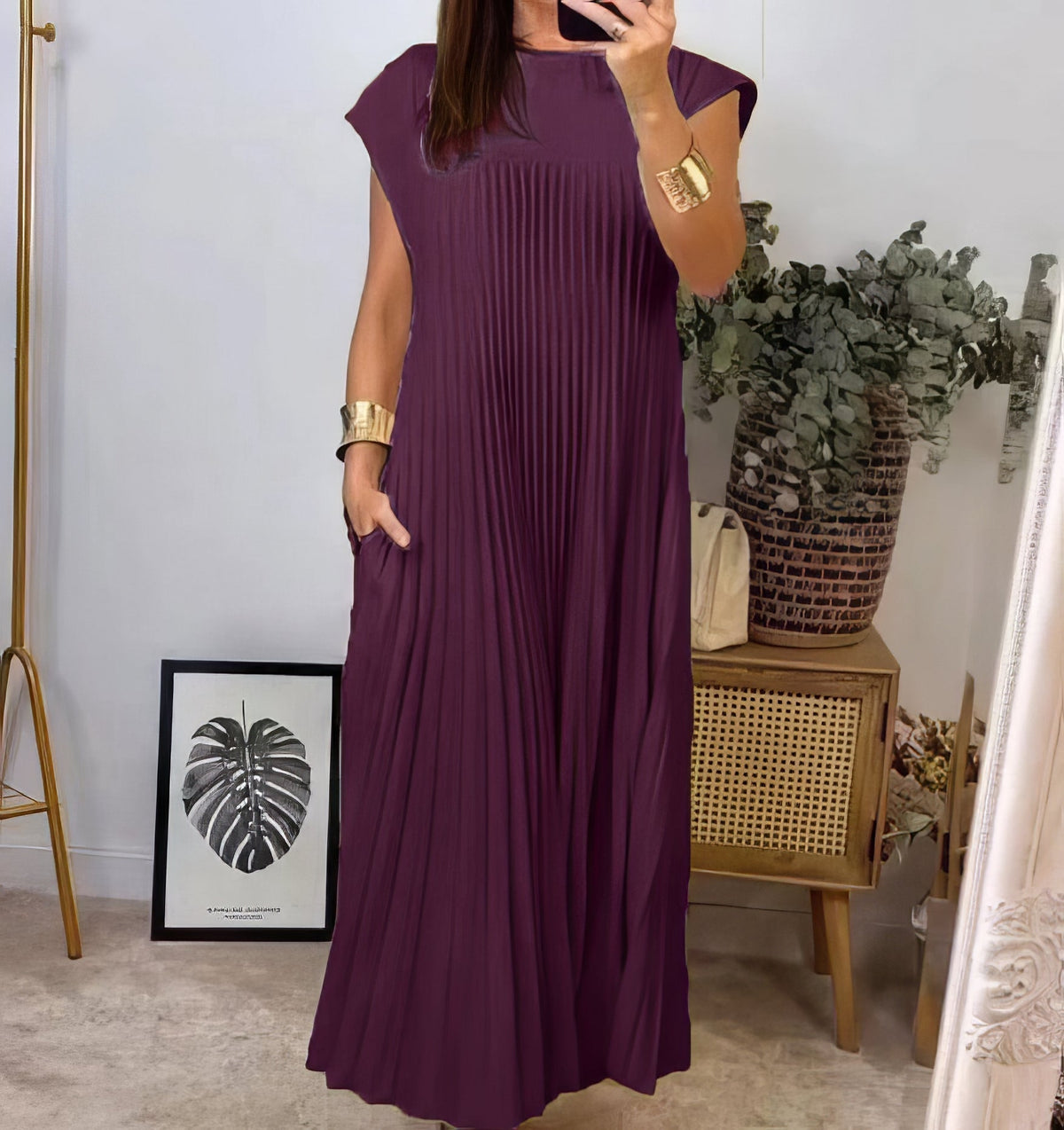 Pleated Round Neck Cap Sleeve Pocket Maxi Dress 17
