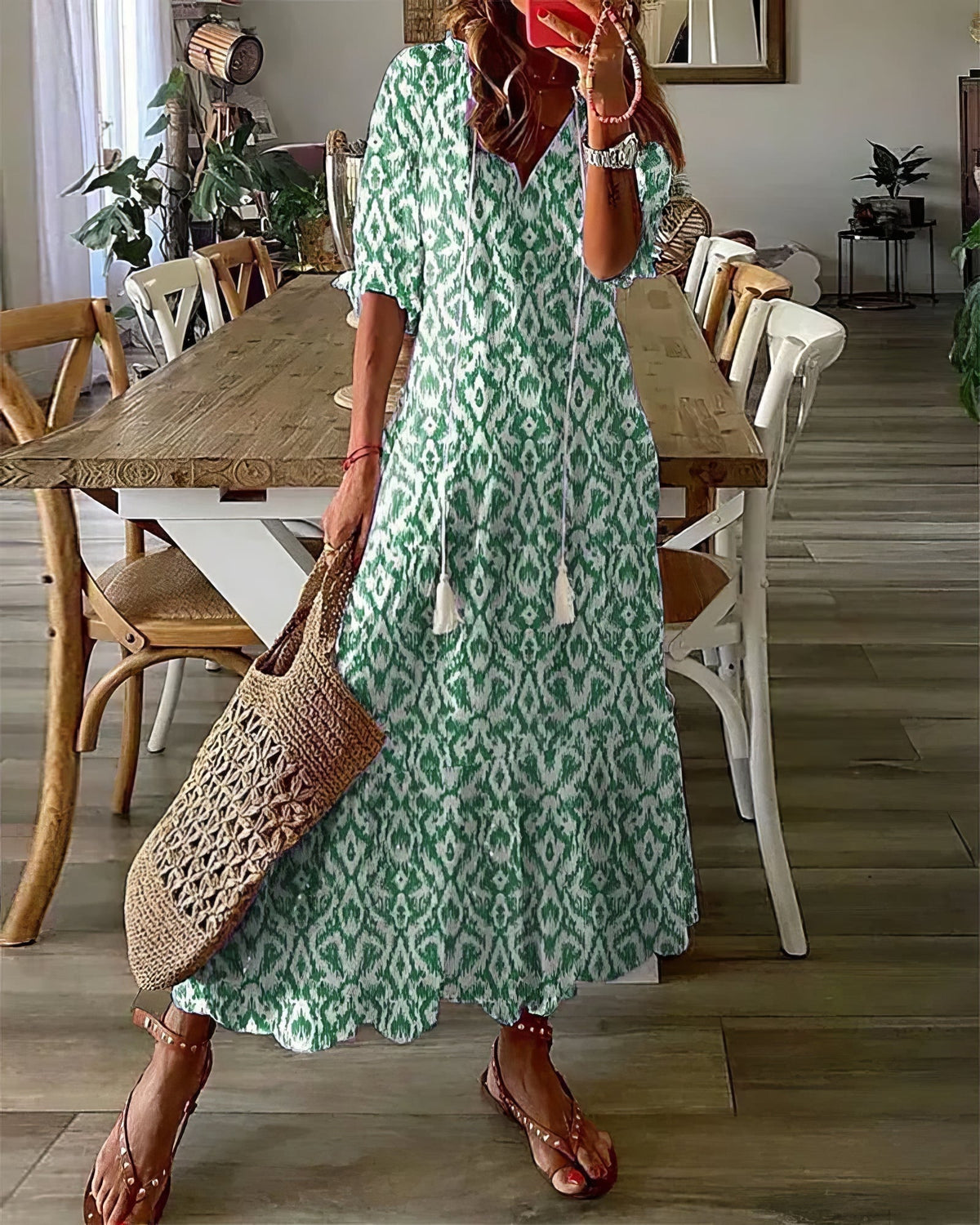 Ikat Print V-Neck Tassel Tie Tiered Maxi Dress 2