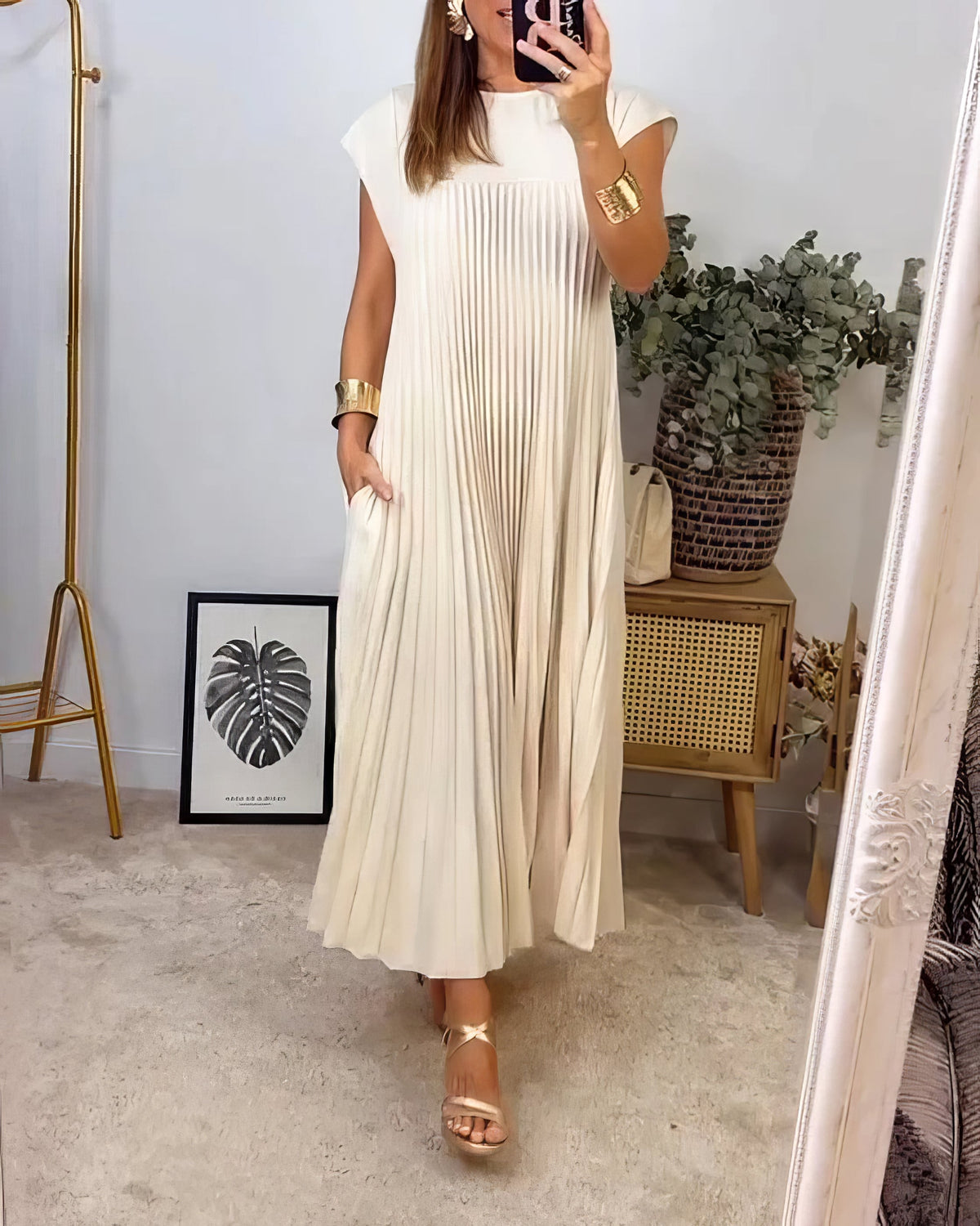 Pleated Round Neck Cap Sleeve Pocket Maxi Dress 2
