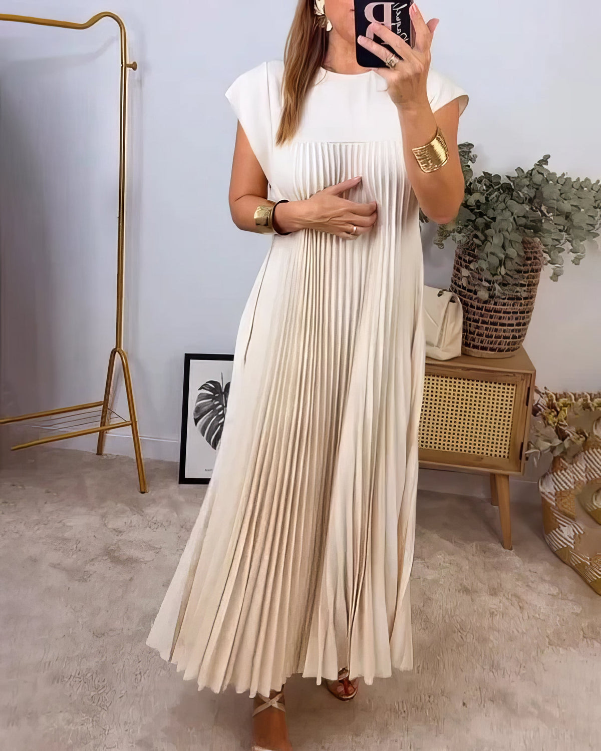Pleated Round Neck Cap Sleeve Pocket Maxi Dress 4