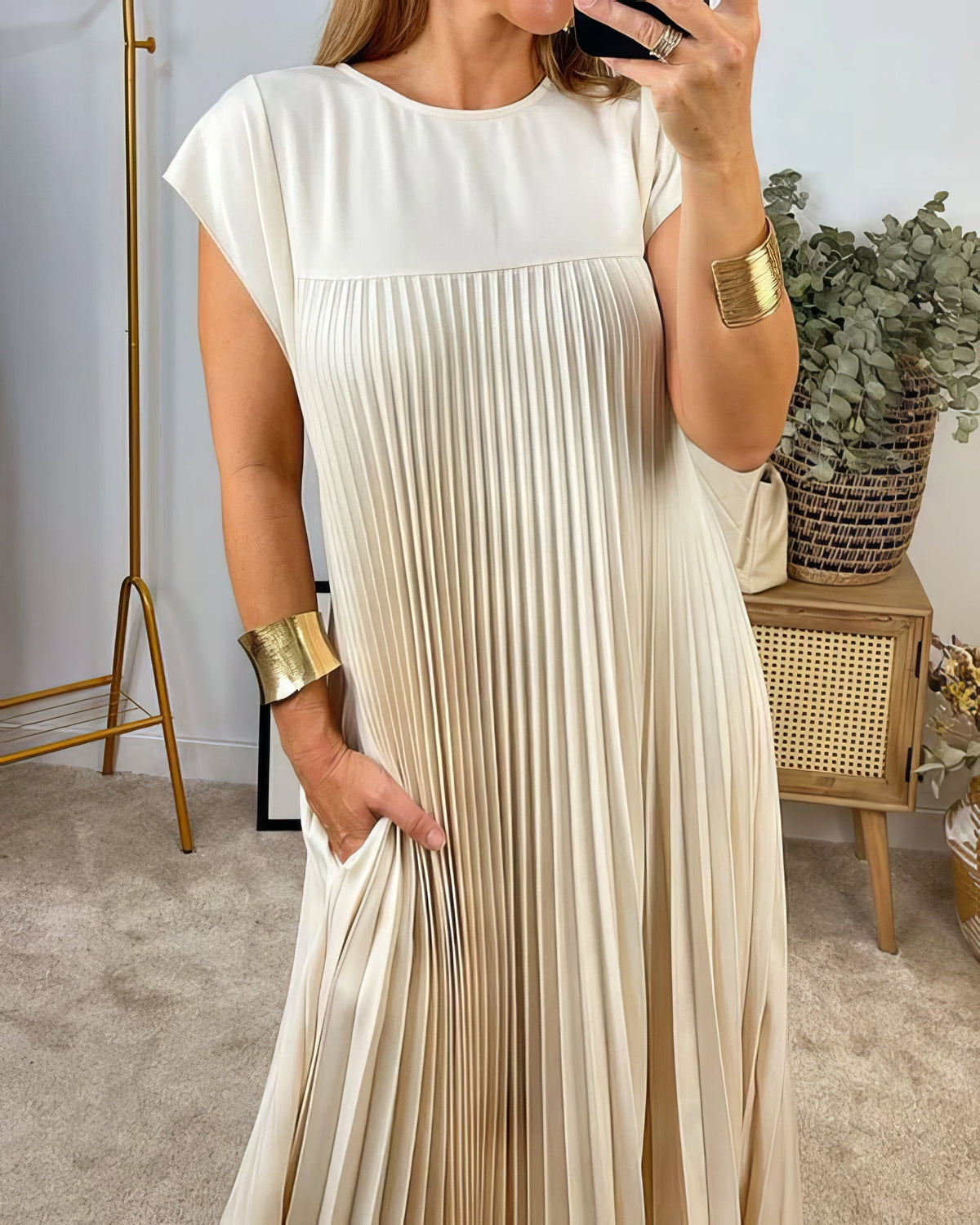 Pleated Round Neck Cap Sleeve Pocket Maxi Dress 5