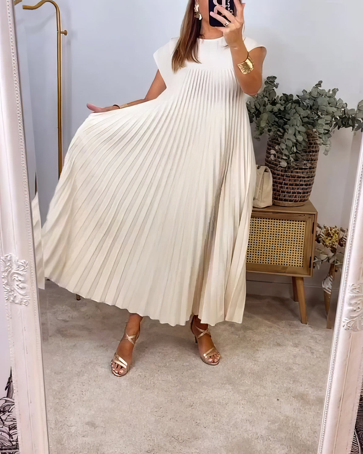 Pleated Round Neck Cap Sleeve Pocket Maxi Dress 6