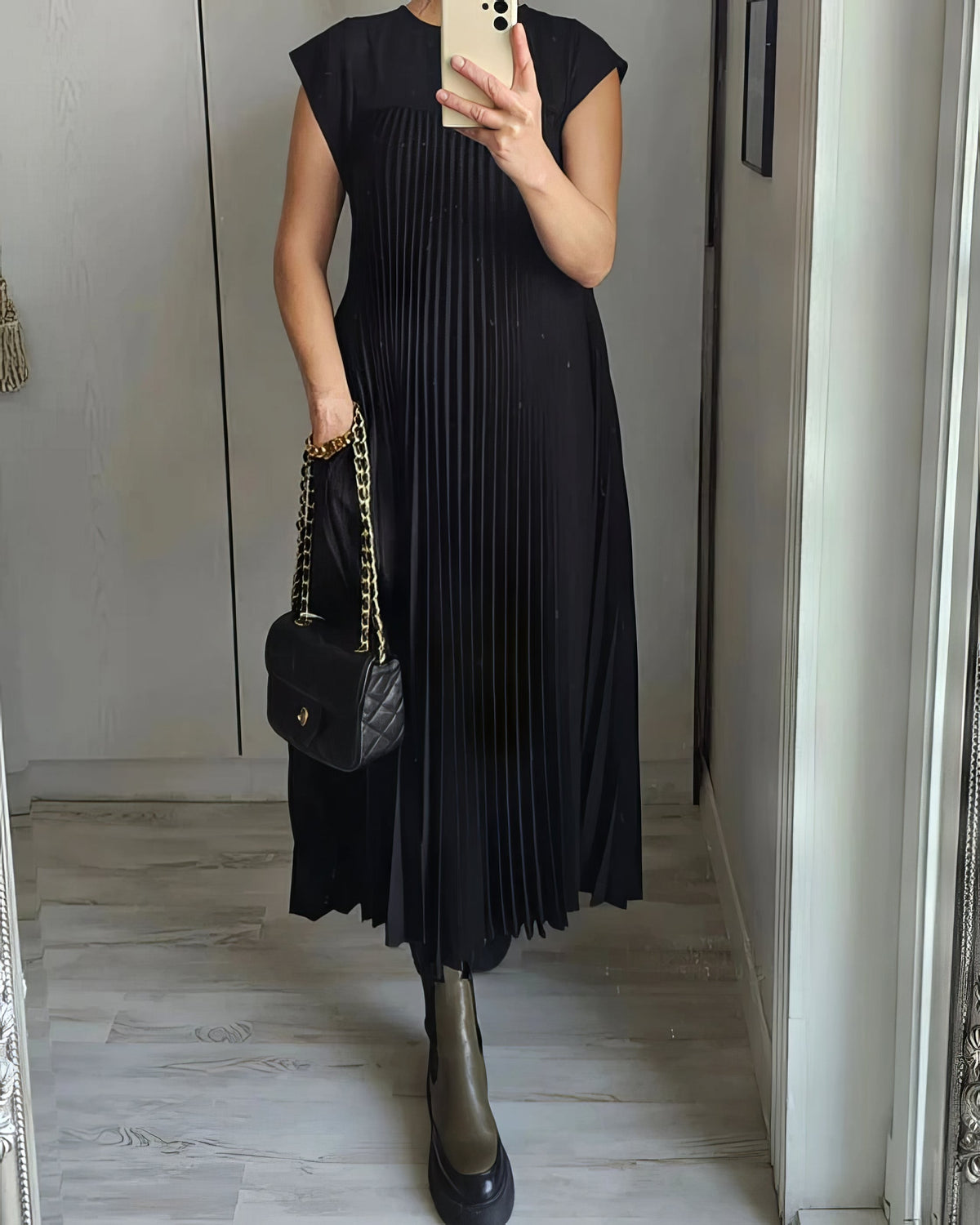 Pleated Round Neck Cap Sleeve Pocket Maxi Dress 7