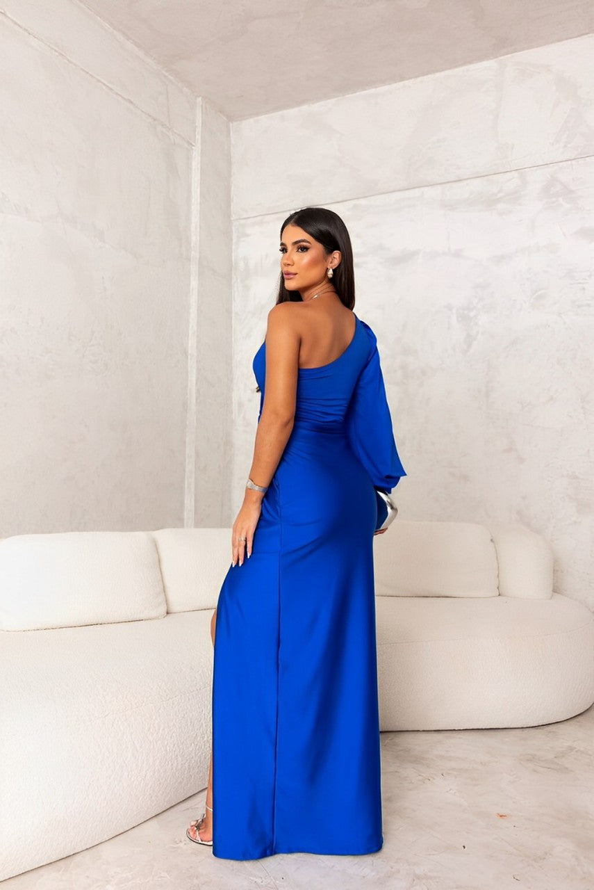 Satin One Shoulder Twist Front High Split Maxi Dress 9