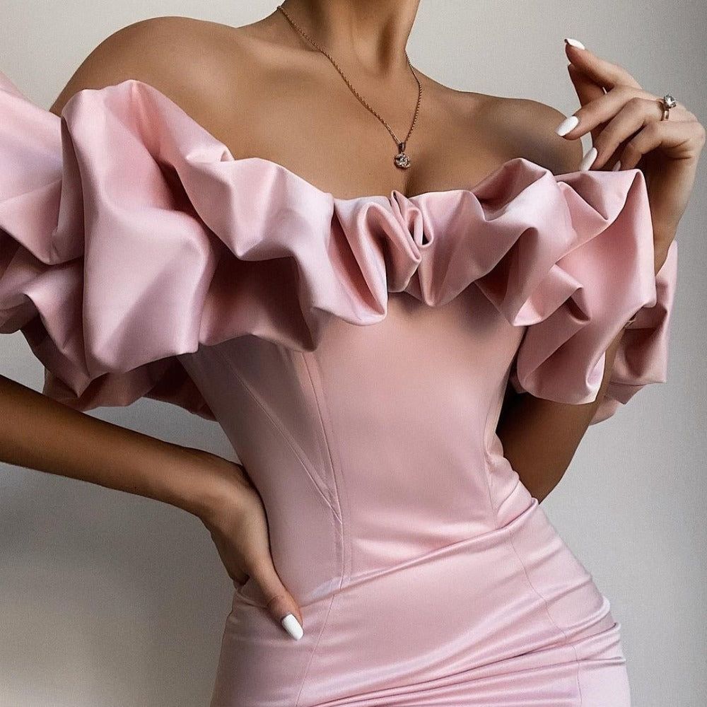 Queen Satin Ruffles Off Shoulder Mini Dress - View 8