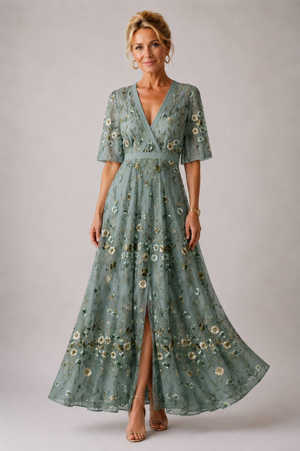 Floral Satin Wrap V-Neck Three Quarter Sleeve Maxi Dress 5
