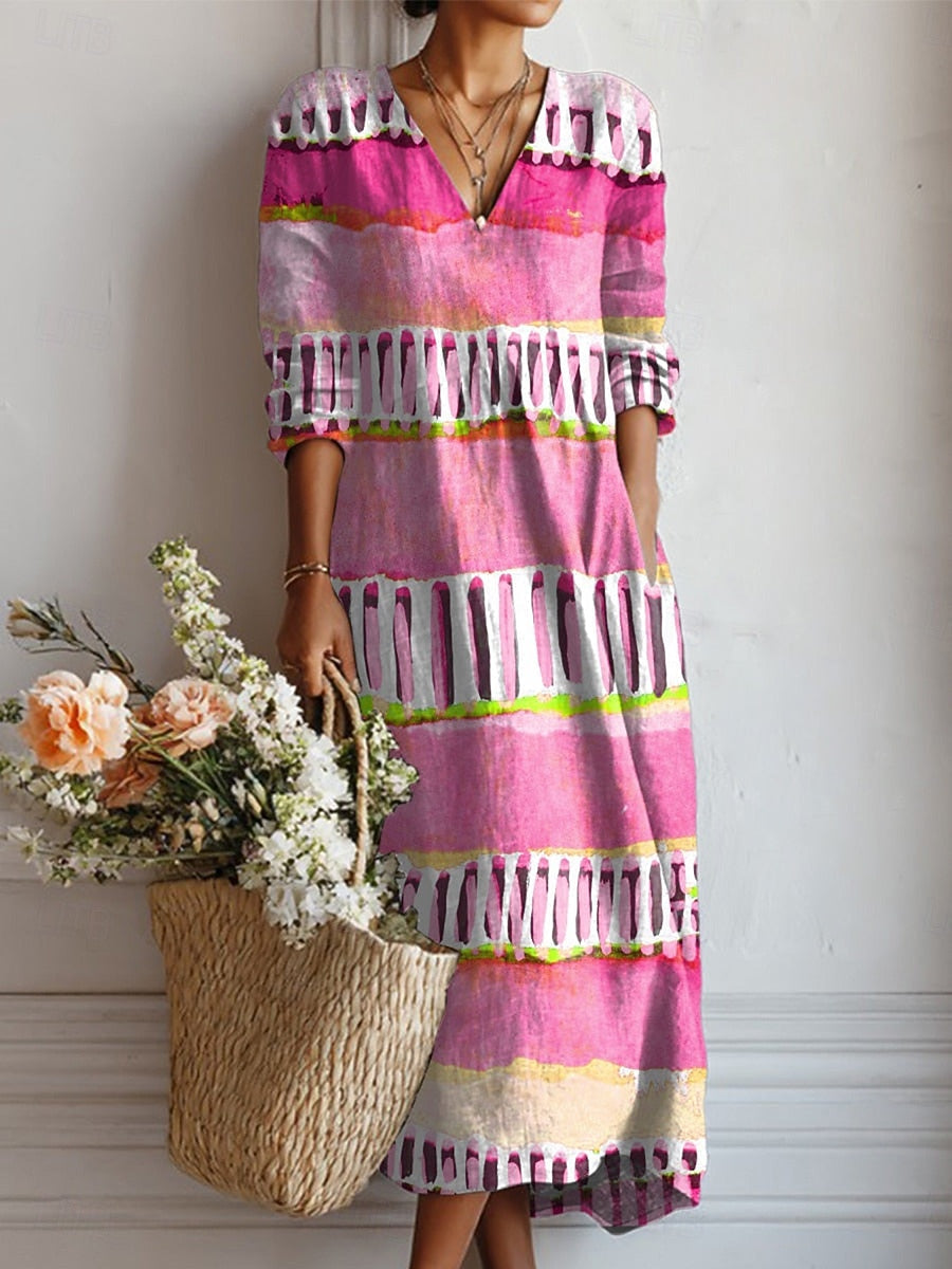 Abstract Stripe Print V-Neck Long Sleeve Tiered Midi Dress