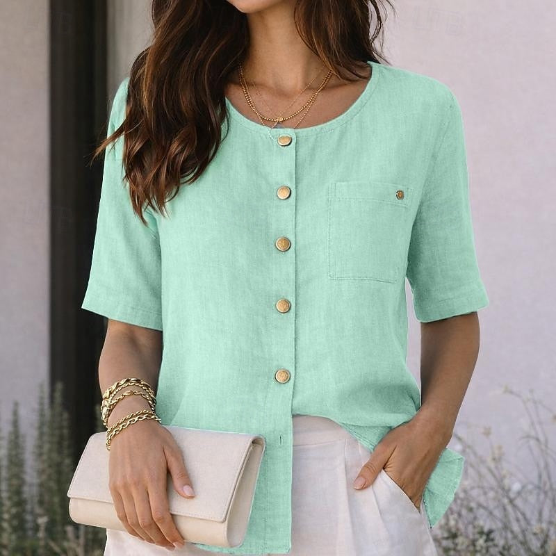 Round Neck Short Sleeve Button Front Blouse 3