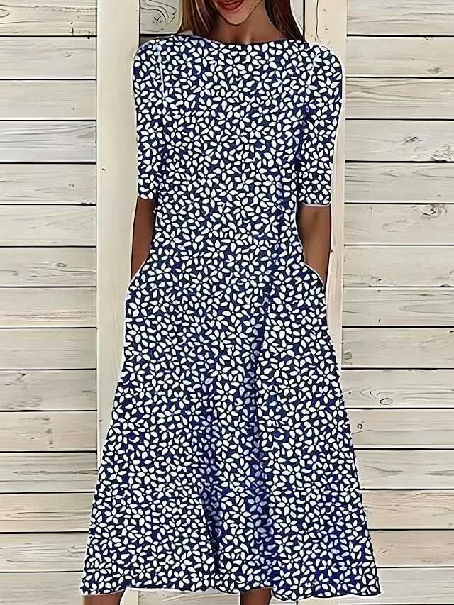 Ditsy Print Boat Neck Half Sleeve Fit and Flare Dress 5